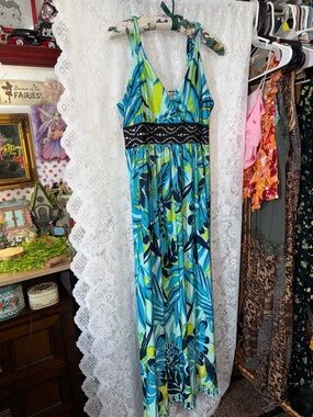 90s Vintage Blue & Green Tropical Print Women’s Maxi Dress Size Large